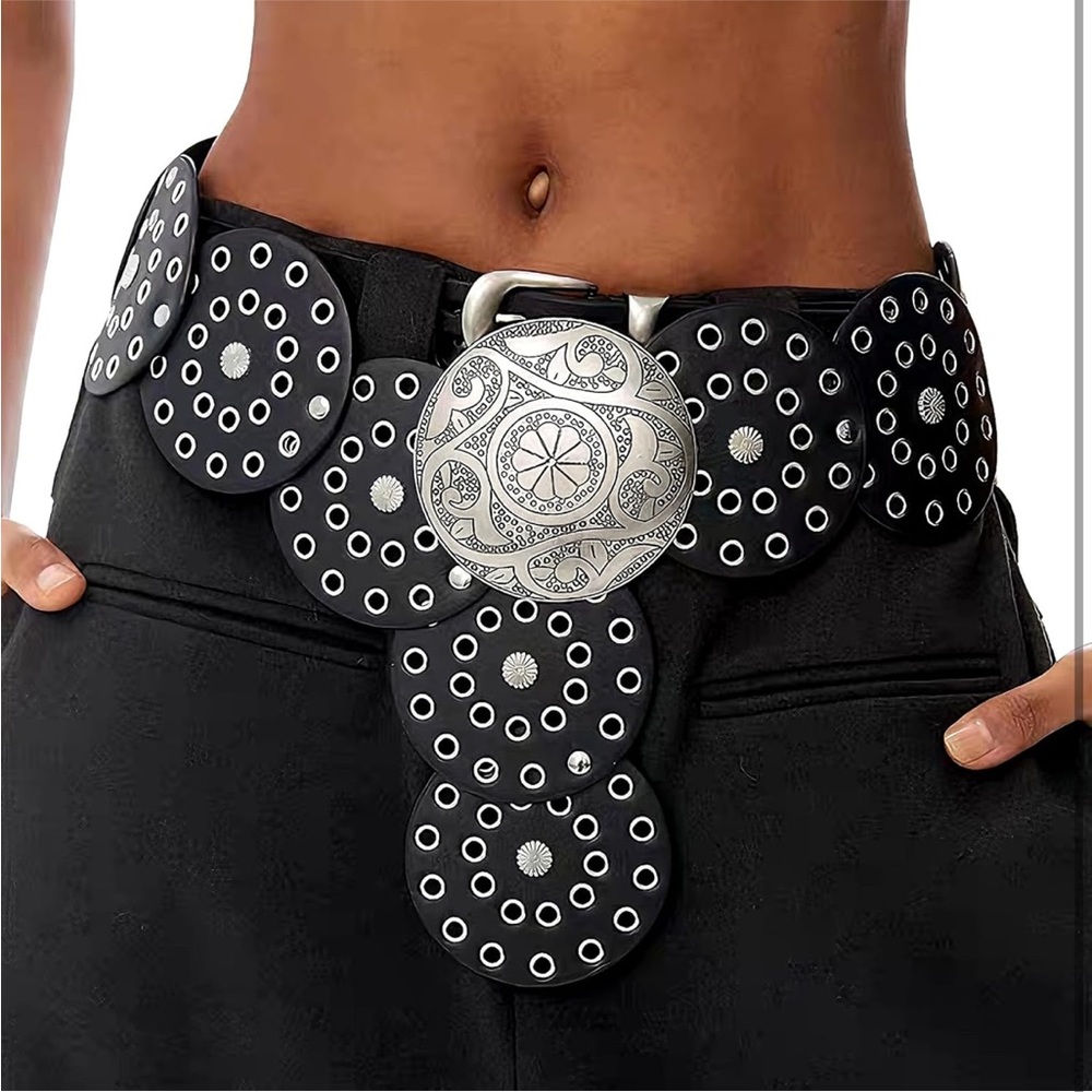 Women Wide Western Disc Belt Cowgirl Boho Faux Leather Waistband Vintage